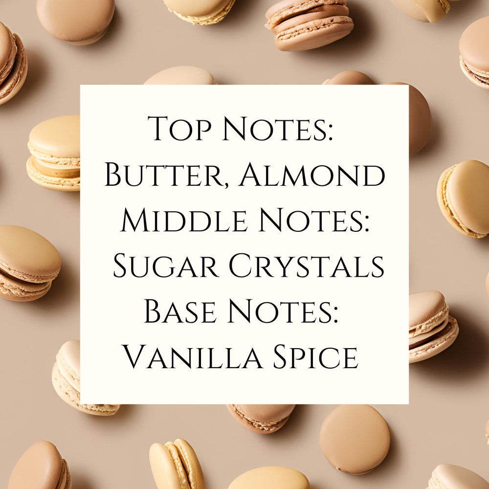 text fragrance description for Almond Macaron. Top notes: Butter, Almond. Middle Notes: Sugar Crystals. Base notes: Vanilla Spice.