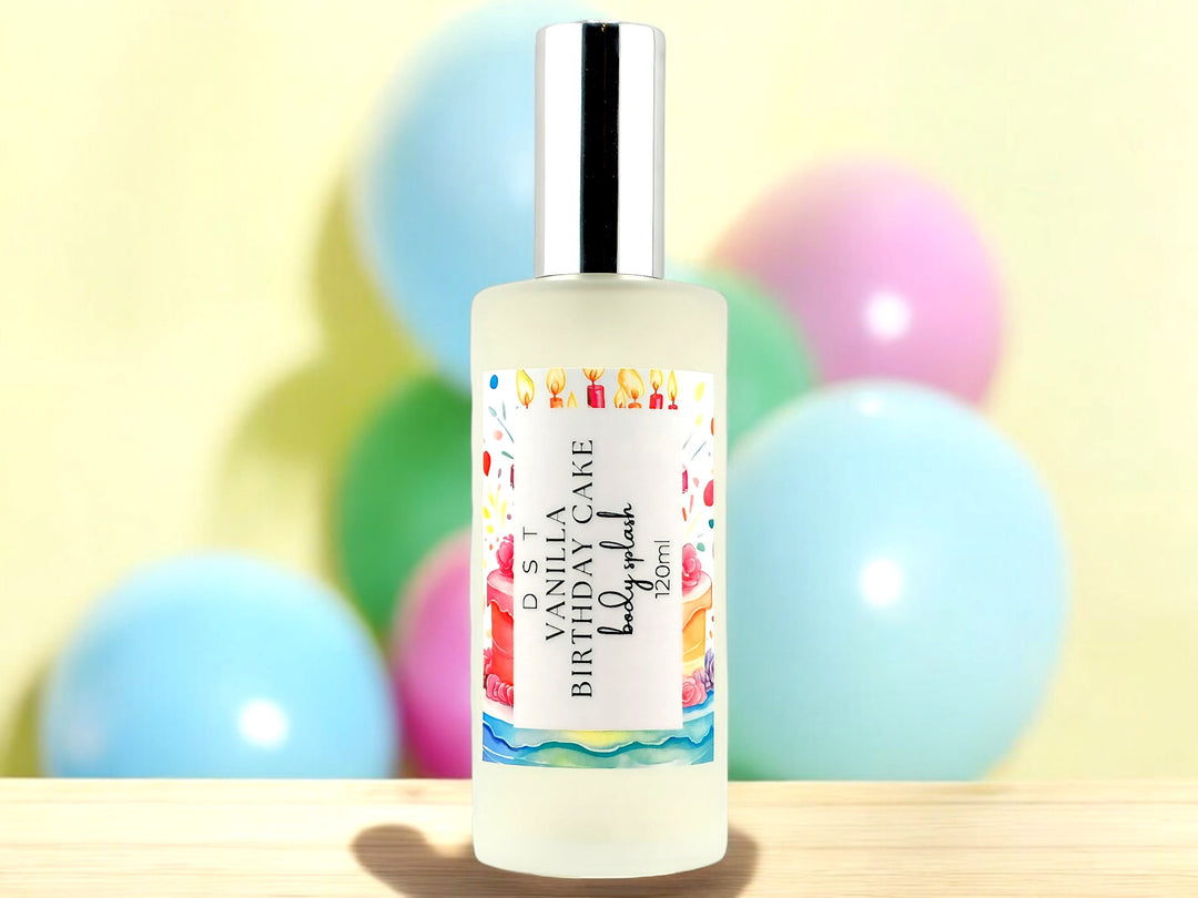 120ml bottle of Vanilla Birthday Cake body splash with pink, blue and green balloons against a pastel yellow shadowy background.