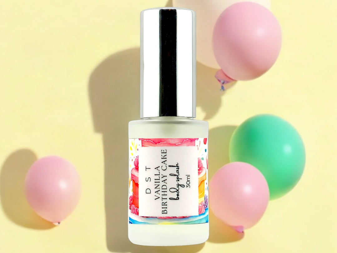 30ml bottle of Vanilla Birthday Cake body splash with pink and green balloons against a pastel yellow shadowy background.