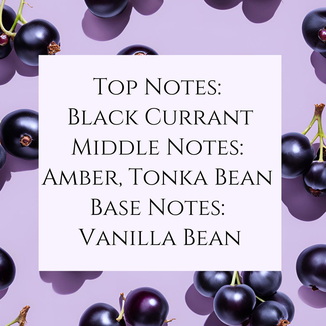 Text fragrance Description for Black Currant and Vanilla. Top Notes: Black Currant Middle Notes: Amber. Tonka Bean Base Notes: Vanilla Bean.