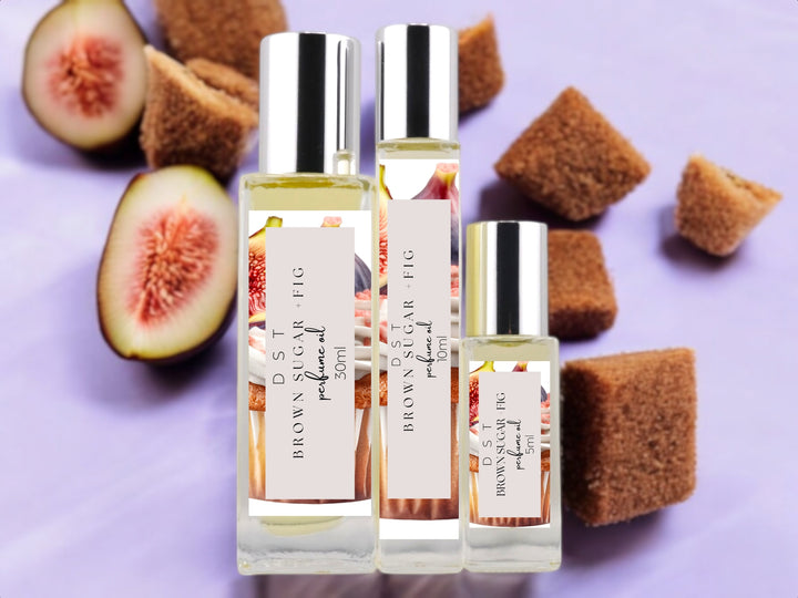 5, 10, and 30ml bottles of Brown Sugar and Fig scented perfume oil.