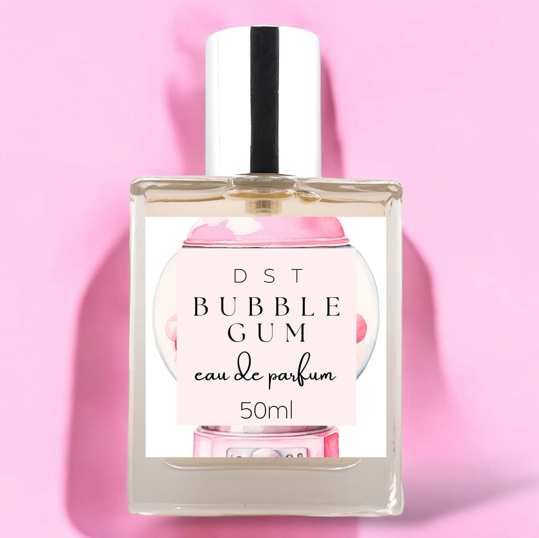 50ml bottle of Bubblegum scented Eau de Parfum Spray on a pink background. 