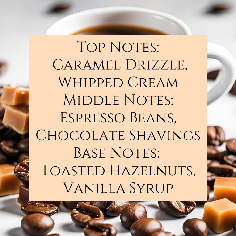 text fragrance Description for Caramel Latte and Toasted Hazelnut. Top Notes: Caramel Drizzle, Whipped Cream Middle Notes: Espresso Beans, Chocolate Shavings Base Notes: Toasted Hazelnuts, Vanilla Syrup.