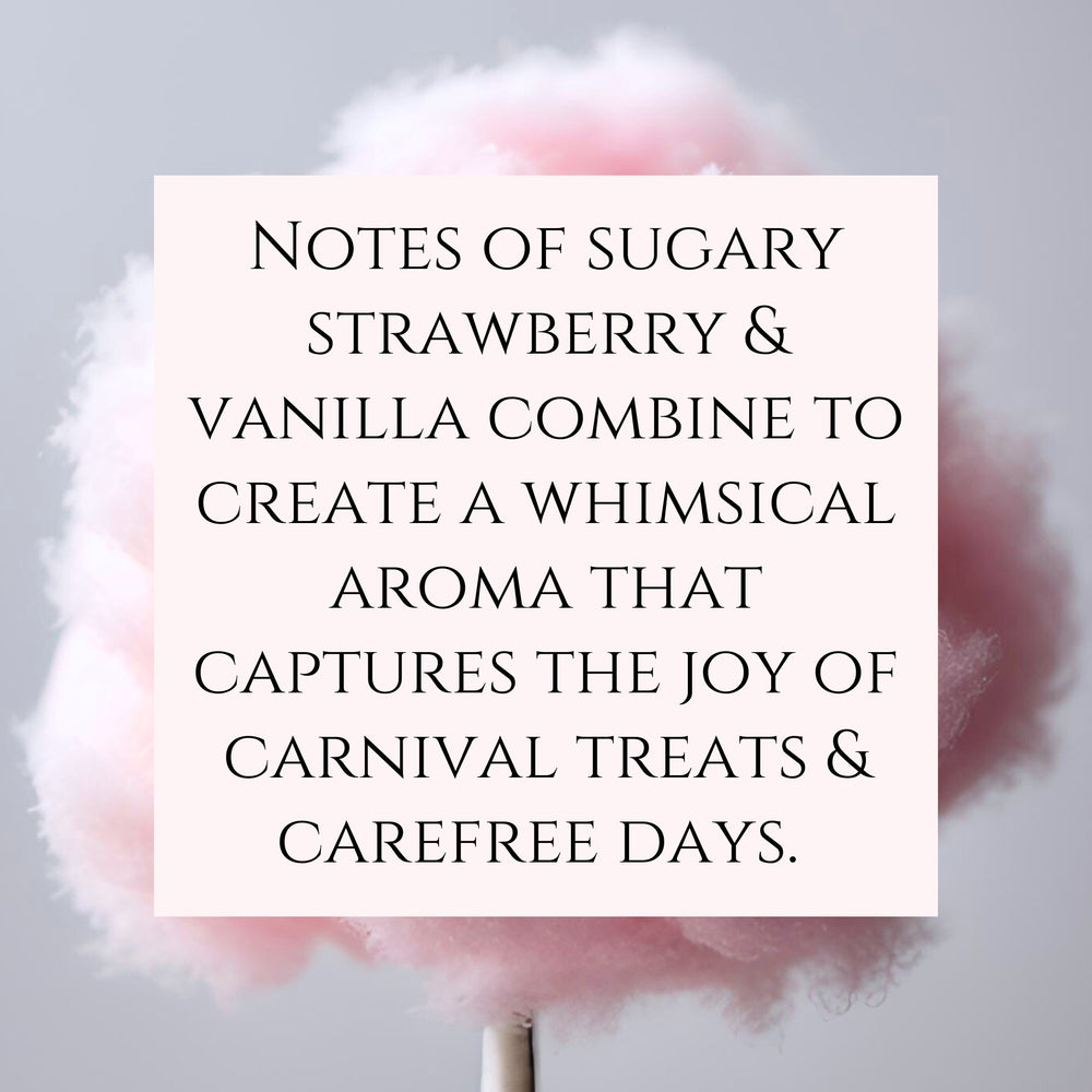 text fragrance Description for Cotton Candy. Notes of sugary strawberry & vanilla combine to create a whimsical aroma that captures the joy of carnival treats & carefree days.