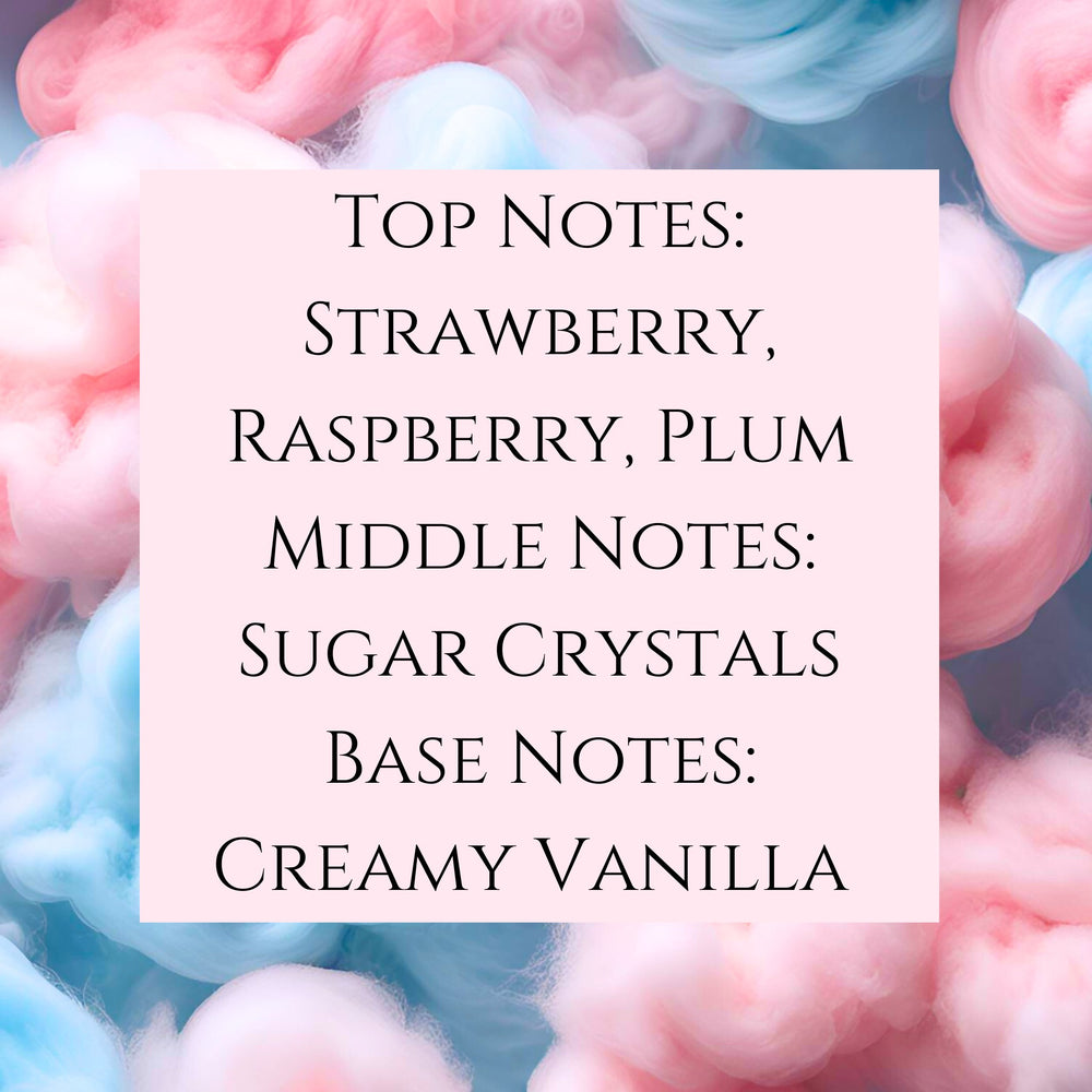 text fragrance Description for Cotton Candy Frosting. Top Notes: Strawberry, Raspberry, Plum Middle Notes: Sugar Crystals Base Notes: Creamy Vanilla.