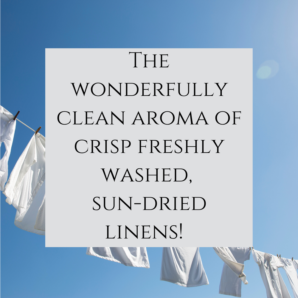 Text fragrance Description for Laundry. The wonderfully clean  aroma of crisp freshly washed, sun- dried linens!  
