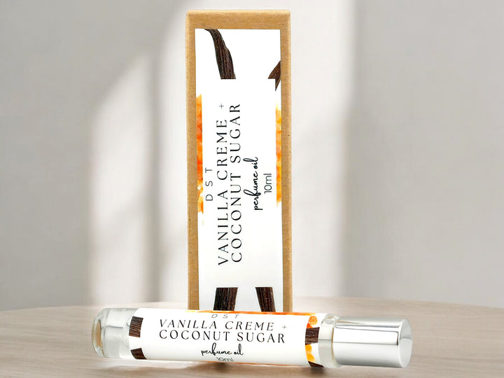 10ml bottle of vanilla creme coconut sugar perfume oil with box it is packaged in on white background