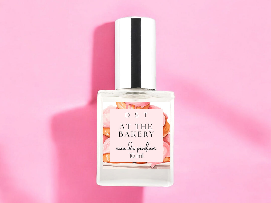 10ml bottle of at the bakery eau de parfum on pink background