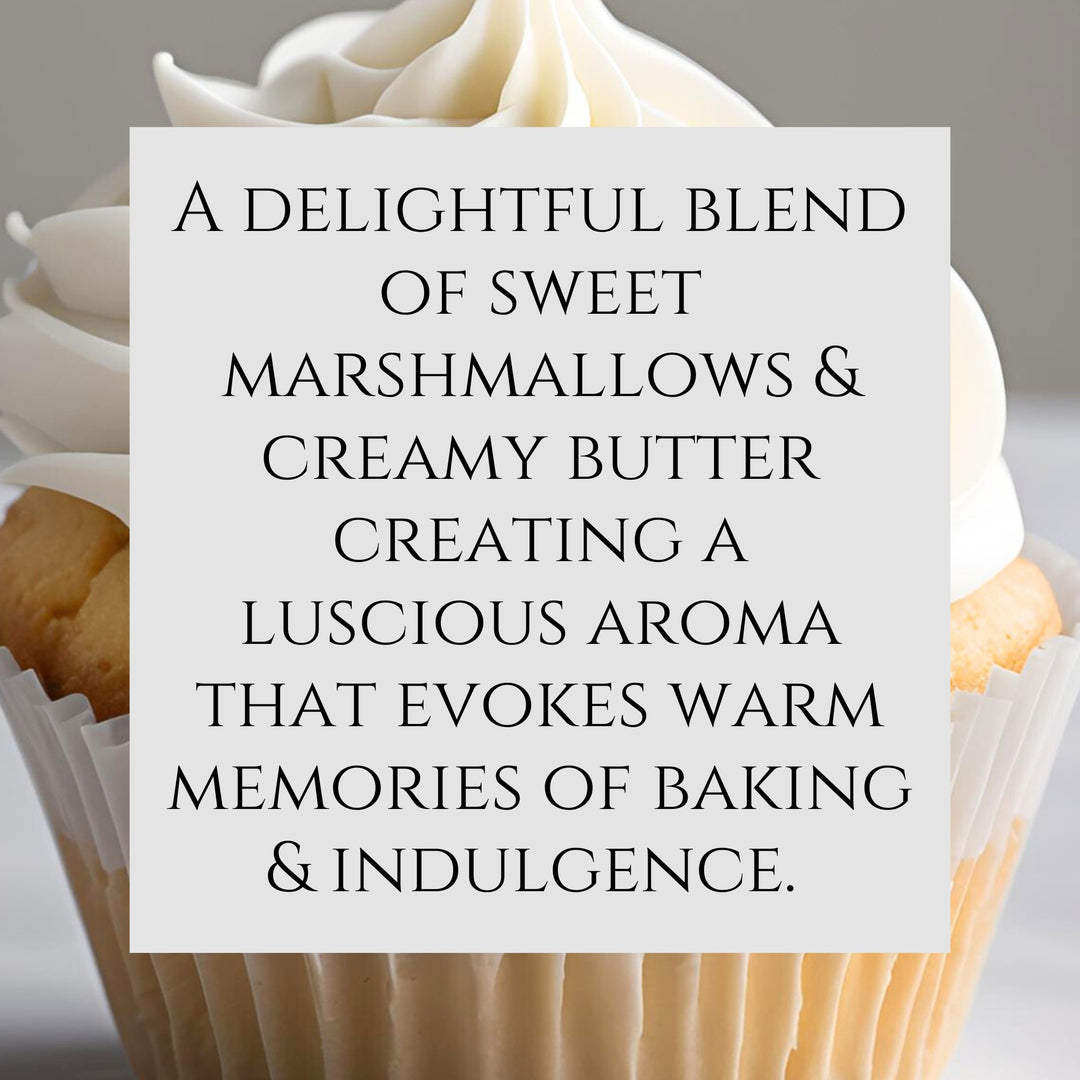 Text fragrance Description for Marshmallow Butter Cream. A delightful blend of sweet marshmallows & creamy butter creating a luscious aroma that evokes warm memories of baking & indulgence. 