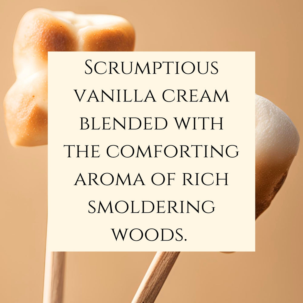 text fragrance Description for Marshmallow Hearthside. Scrumptious vanilla cream blended with the comforting aroma of rich smoldering woods.