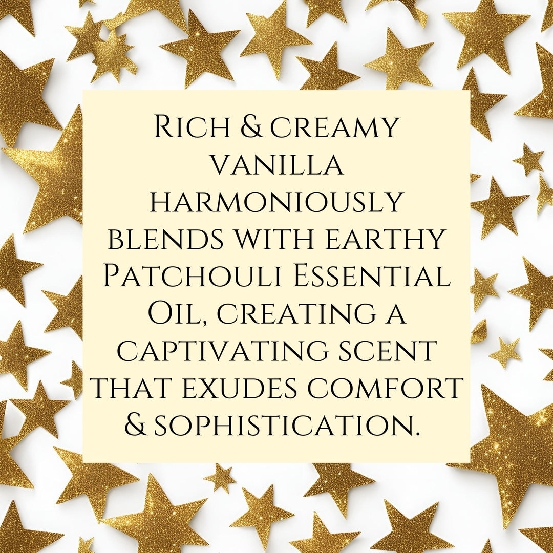 Text fragrance description for Patchouli Vanilla. Rich &amp; creamy vanilla harmoniously blends with earthy Patchouli Essential Oil, creating a captivating scent that exudes comfort &amp; sophistication. 