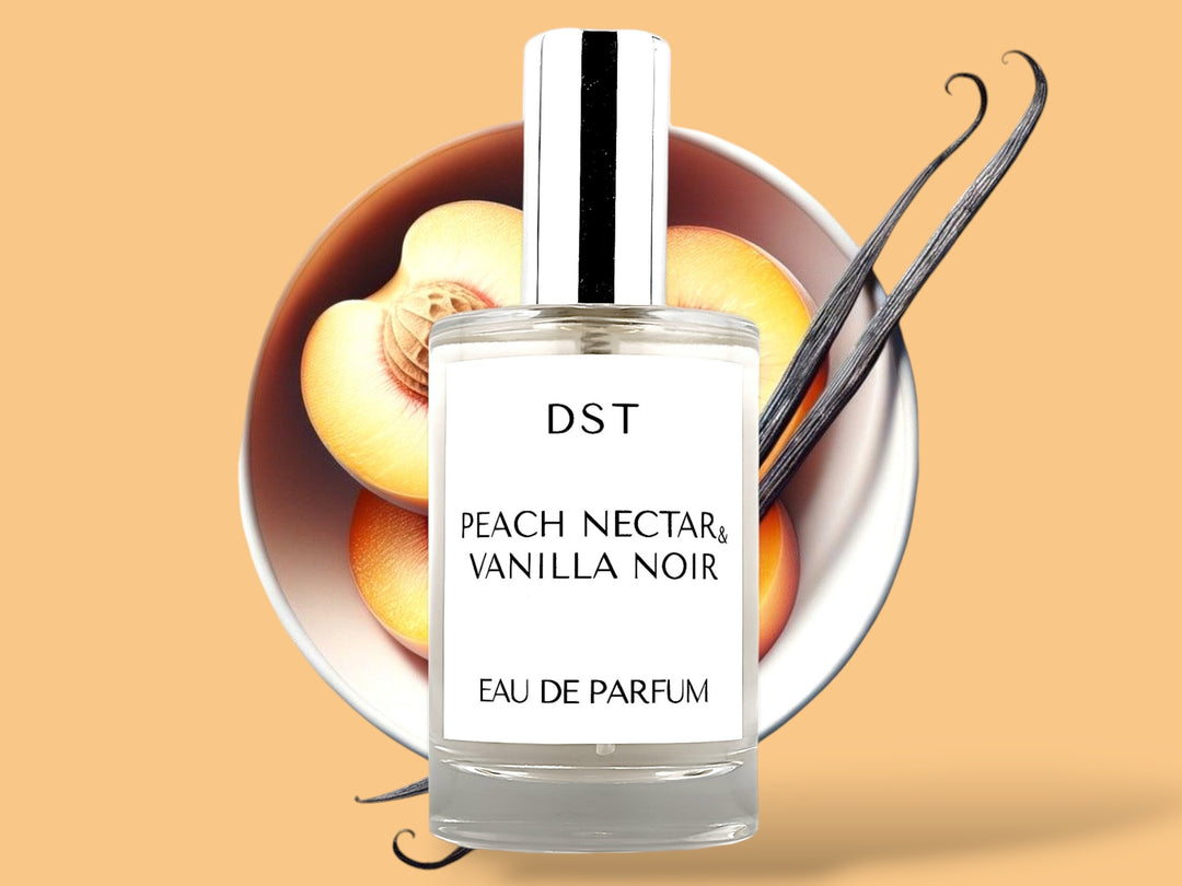 100 milliliter bottle of Peach nectar and vanilla noir eau de parfum sitting in front of a large white bowl filled with Peach halves and long vanilla beans against a Peach colored background.