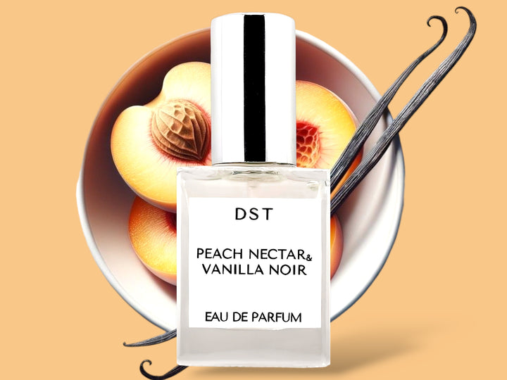 10 milliliter bottle of Peach nectar and vanilla noir eau de parfum sitting in front of a large white bowl filled with Peach halves and long vanilla beans against a Peach colored background.