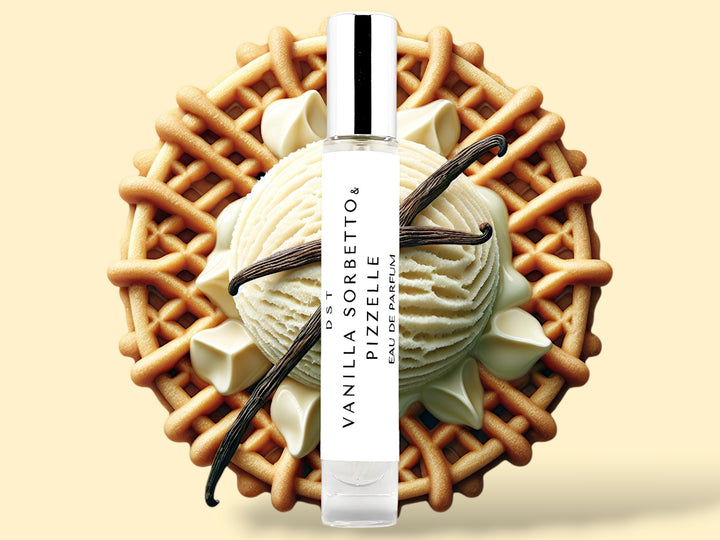 10ML bottle of Vanilla Sorbetto and Pizzelle Parfum sitting in front of a large Pizzelle cookie that is topped with vanilla Sorbetto and vanilla beans   against a cream background. 