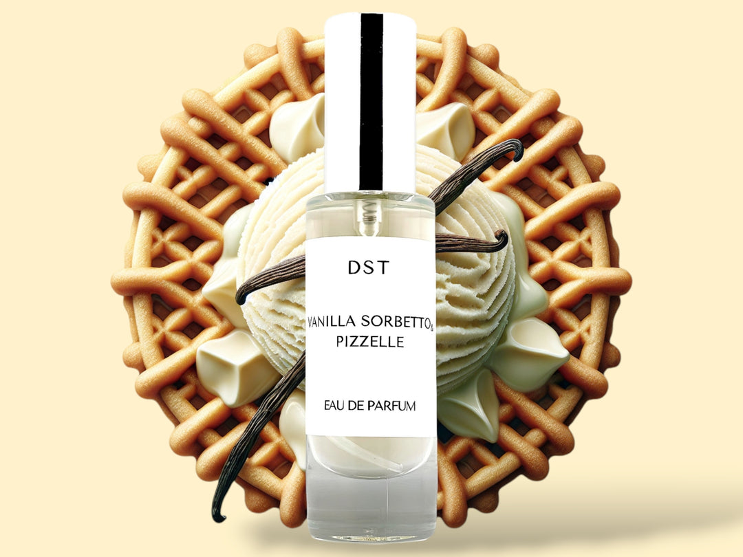 30ML bottle of Vanilla Sorbetto and Pizzelle Parfum sitting in front of a large Pizzelle cookie that is topped with vanilla Sorbetto and vanilla beans   against a cream background. 