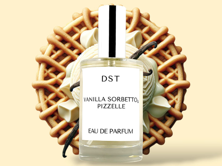 100ML bottle of Vanilla Sorbetto and Pizzelle Parfum sitting in front of a large Pizzelle cookie that is topped with vanilla Sorbetto and vanilla beans   against a cream background. 