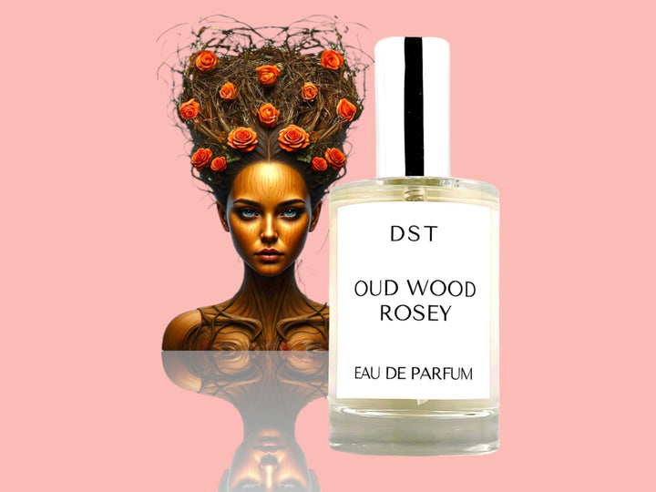 100ML bottle of Oud Wood Rosey Parfum with the head and torso of a woman made of Wood and hair made of wood vines and red roses, against a pink background. 