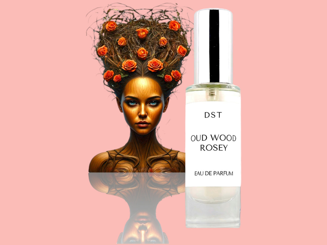 30ML bottle of Oud Wood Rosey Parfum with the head and torso of a woman made of Wood and hair made of wood vines and red roses, against a pink background. 