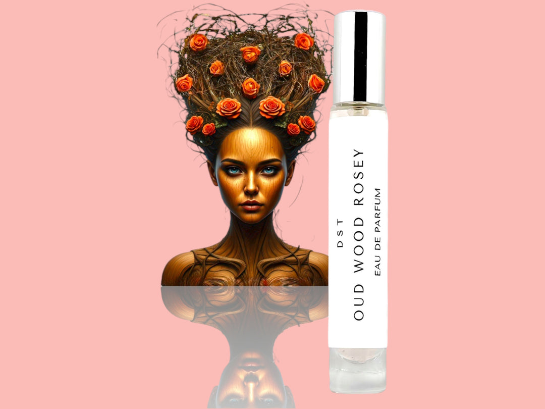 10ML bottle of Oud Wood Rosey Parfum with the head and torso of a woman made of Wood and hair made of wood vines and red roses, against a pink background. 