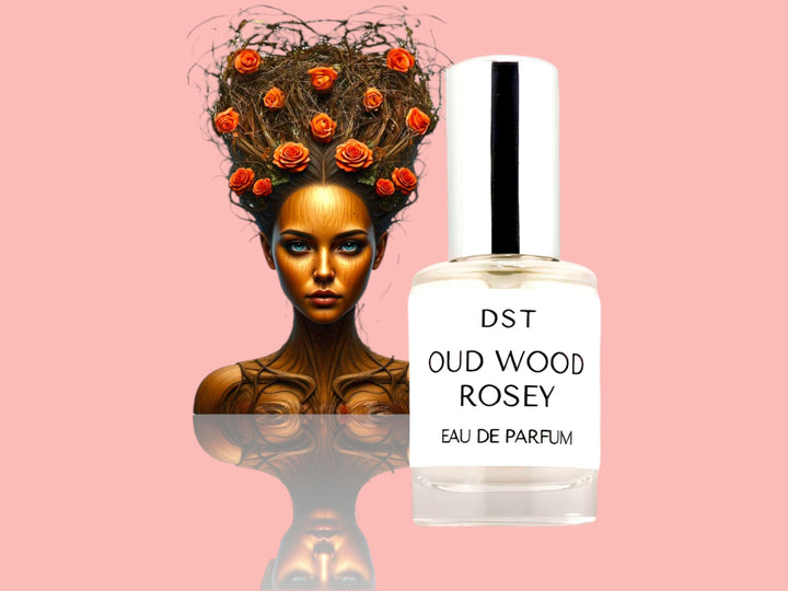 10ML bottle of Oud Wood Rosey Parfum with the head and torso of a woman made of Wood and hair made of wood vines and red roses, against a pink background. 