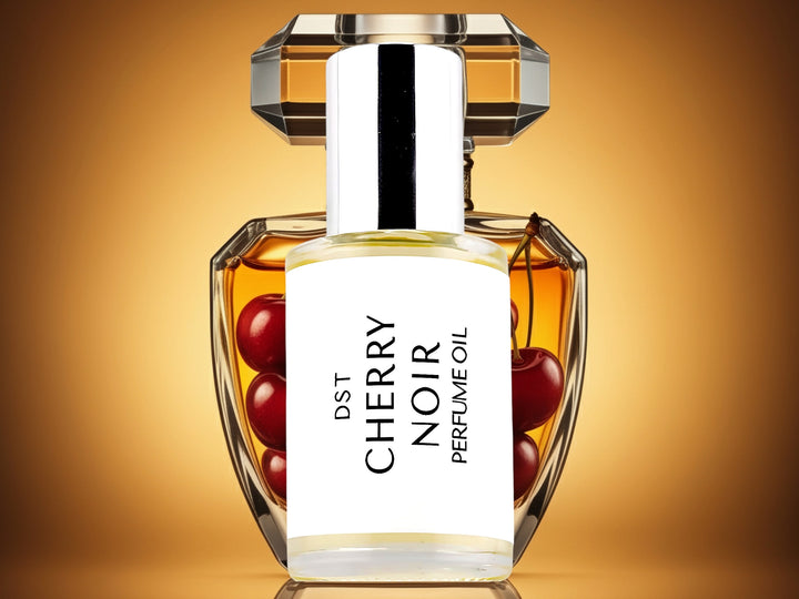 Thirty milliliter bottle of cherry nior perfume oil sitting in front of a large fancy perfume bottle that is filled with cherries, against an amber background.