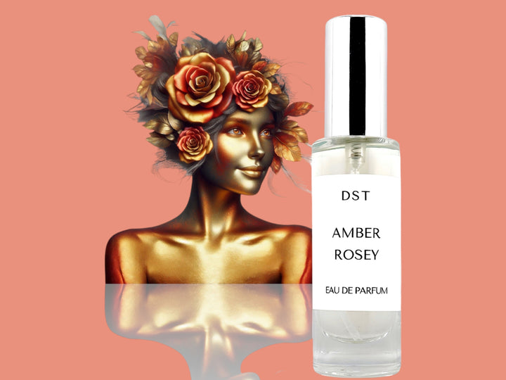 30ML bottle of Amber Rosey Parfum with the head and torso of a woman made of gold and hair made of gold leaves and amber roses, against a pink background. 