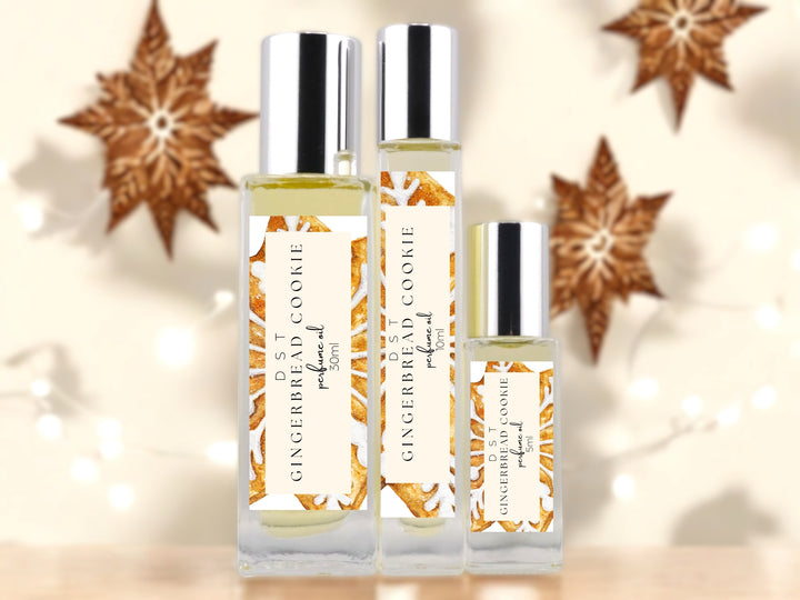 5, 10, and 30ml bottles of Gingerbread Cookies scented perfume oil.