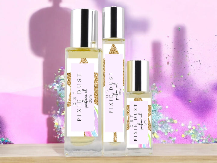 5, 10, and 30ml bottles of Pixie Dust scented Perfume Oil. 