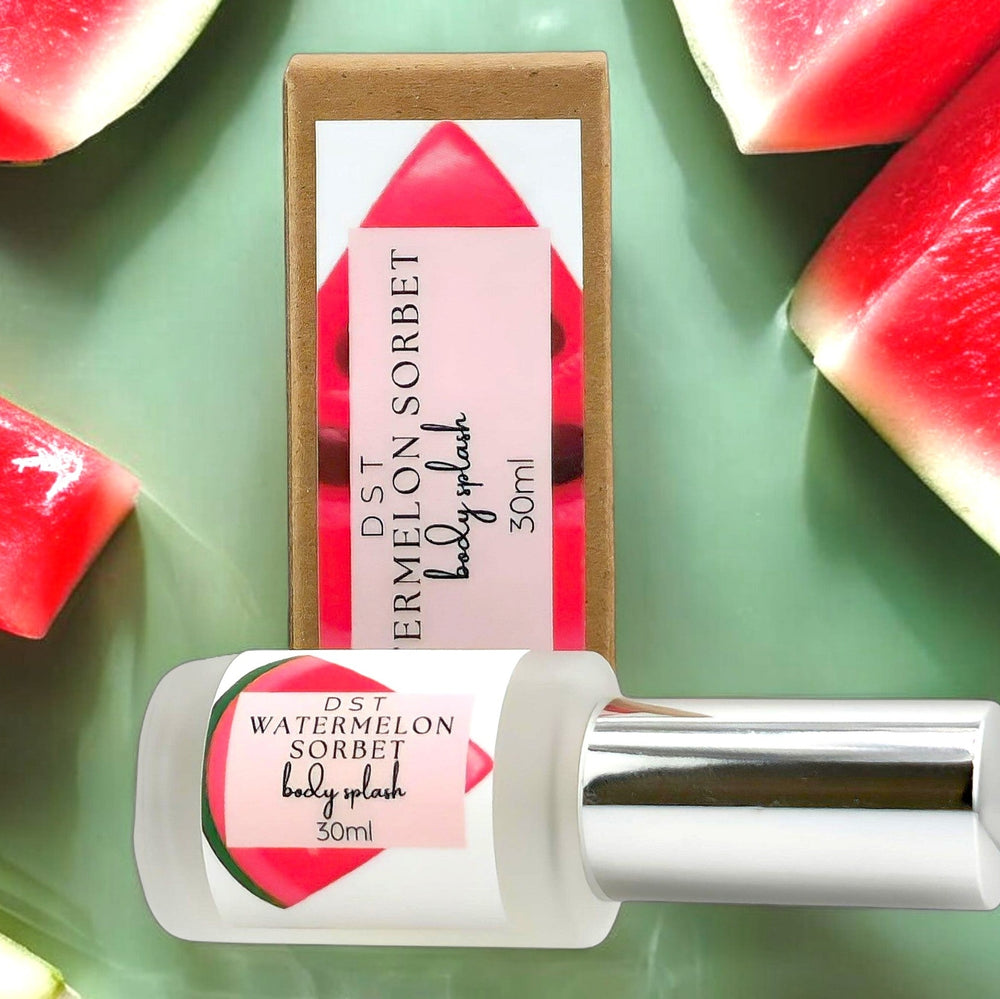 30ml bottle of Watermelon Sorbet body splash and the box it is packaged in against pastel green background with Watermelon slices.