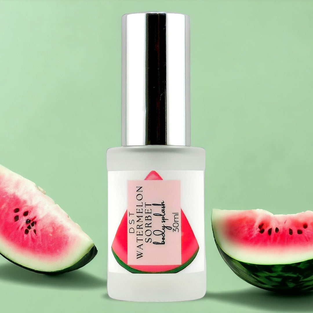 30ml bottle of Watermelon Sorbet body splash against pastel green background with Watermelon slices.