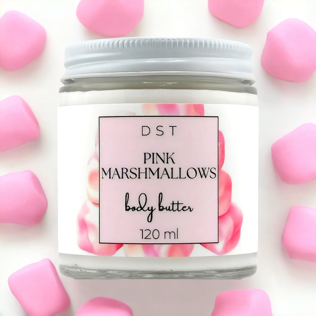 120ml jar of Pink Marshmallows scented body butter against a white background with pink marshmallows. 