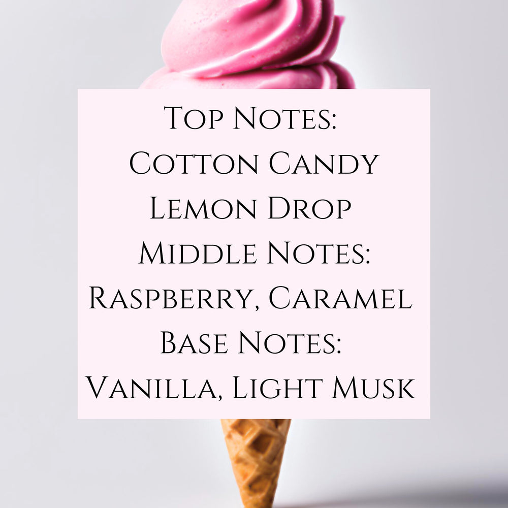 Text fragrance Description for Pink Candy. Top Notes: Cotton Candy Lemon Drop Middle Notes: Raspberry, Caramel Base Notes: Vanilla, Light Musk.