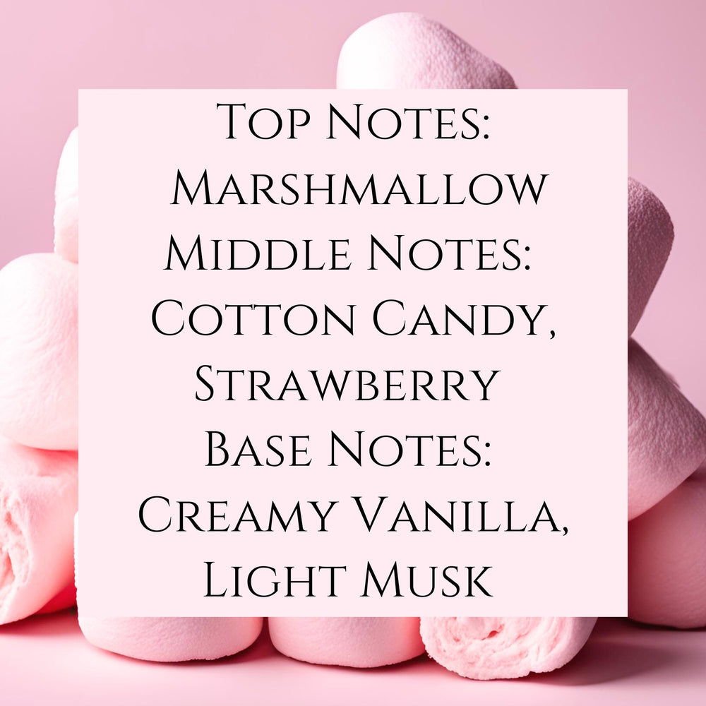 Text fragrance Description for Pink Marshmallows. Top Notes: Fluffy Marshmallow Middle Notes: Pink Cotton Candy, Strawberry Base Notes: Creamy Vanilla, Light Musk.