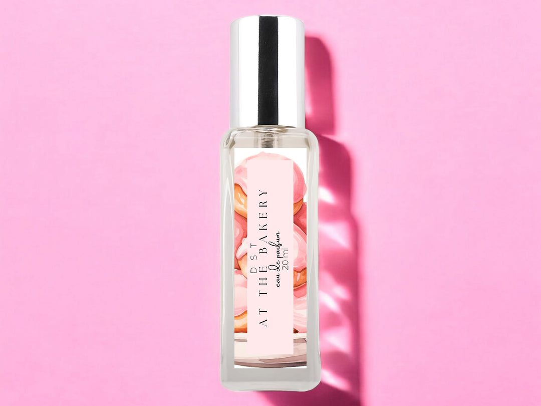 20ml bottle of at the bakery eau de parfum on pink background