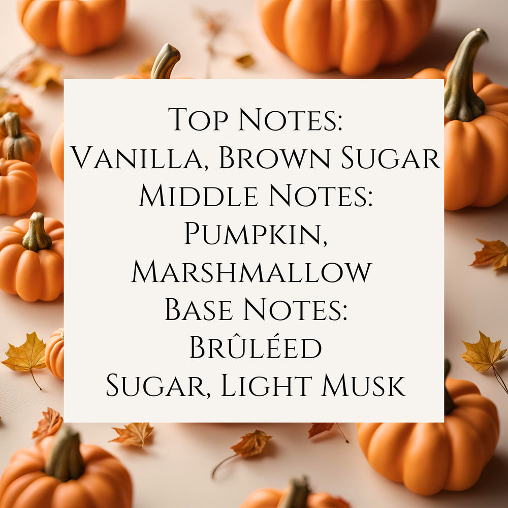 Text fragrance description for PUmpkin Creme Brulee. Top notes: vanilla, brown sugar. Middle Notes: Pumpkin, Marshmallow. Base Notes: Bruleed Sugar, Light musk.