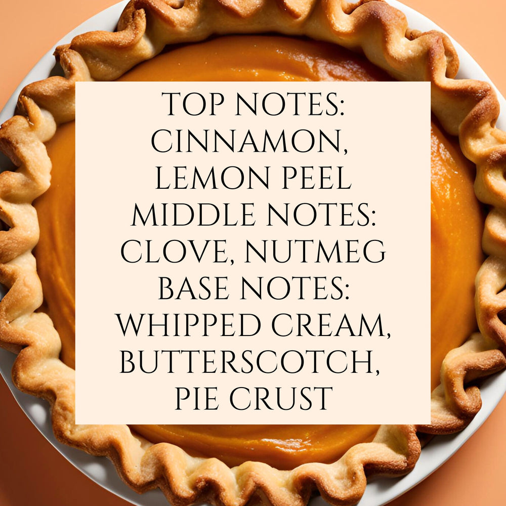 text fragrance description for Pumpkin Pie. Top notes: Cinnamon, Lemon Peel. Middle notes: Clove, Nutmeg. Base notes: whipped cream, butterscotch, pie crust.