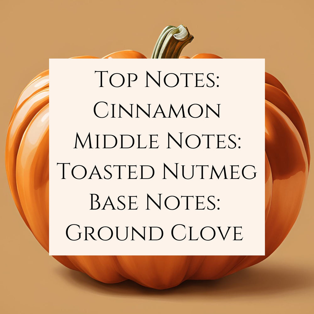 Text fragrance description for pumpkin spice. Top notes: cinnamon. Middle notes: toasted nutmeg. Base notes: ground clove.