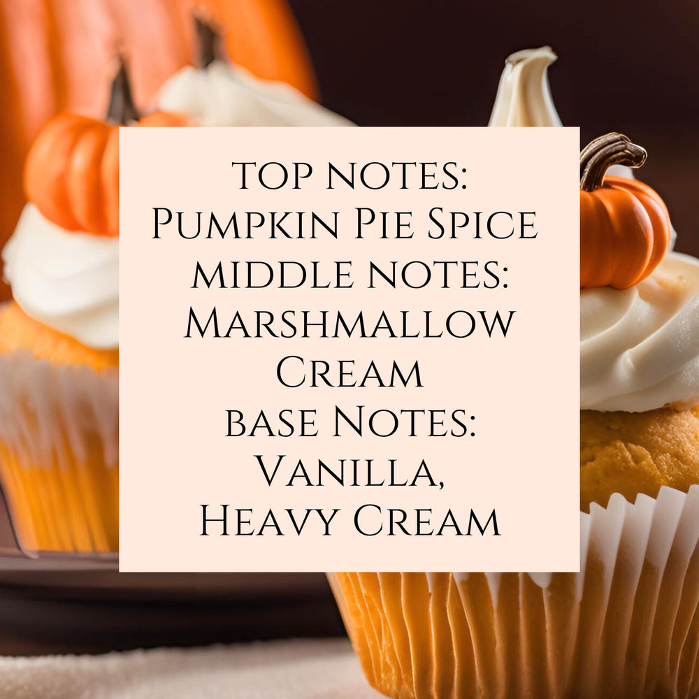 text fragrance description for Pumpkin & Vanilla Whip. Top notes: Pumpkin Pie Spice. Middle Notes: Marshmallow Cream. Base notes: Vanilla, Heavy Cream.