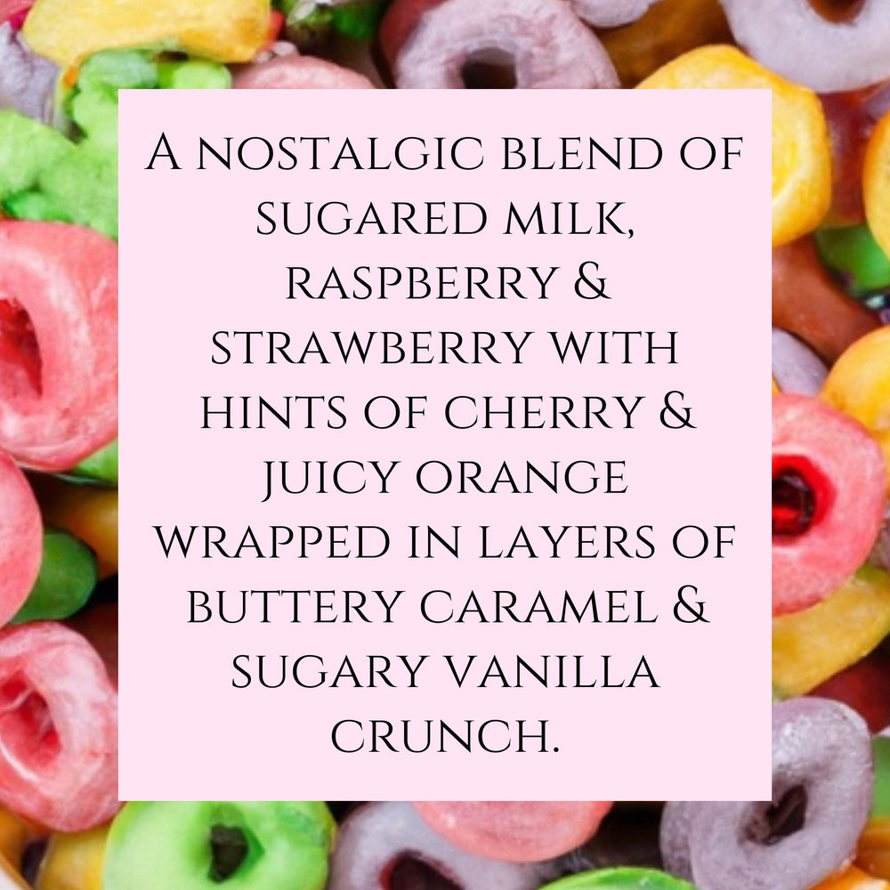 Text fragrance description for Saturday morning. A nostalgic blend of sugar milk raspberry and Strawberry with hints of Cherry and juicy orange wrapped in layers of buttery caramel and sugary vanilla crunch.