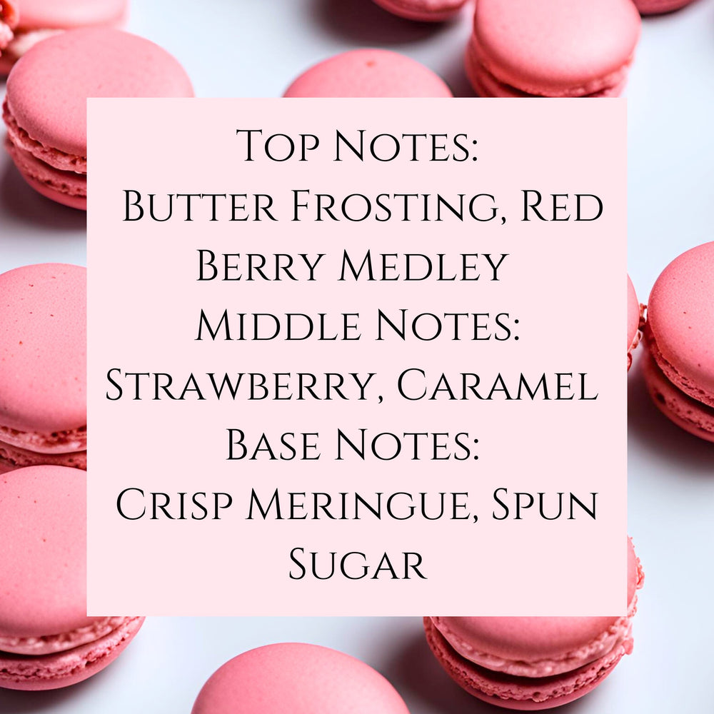 Text fragrance Description for Strawberry Macaron. TOP NOTES: BUTTER FROSTING, REd BERRY MEDLEY MIDDLE NOTES: STRAWBERRY, CARAMEL BASE NOTES: CRISP MERINGUE, SPUN SUGAR.