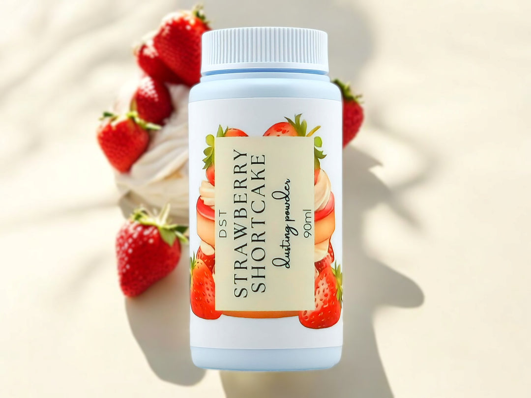 A 90ml bottle of strawberry shortcake scented body powder.