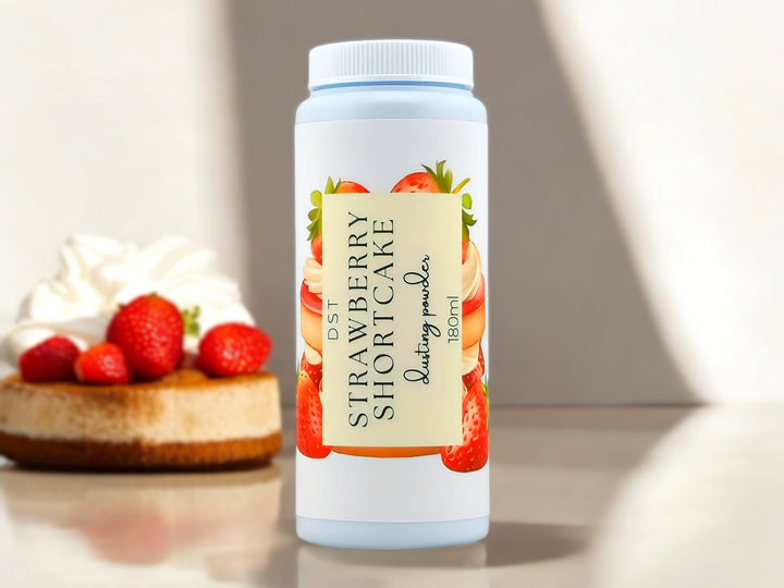 A 180ml bottle of strawberry shortcake scented body powder.