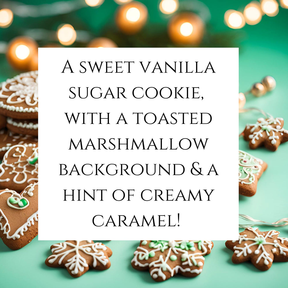 Text fragrance Description for Sugar Cookie Noel. 
A sweet vanilla sugar cookie, 
with a toasted marshmallow background & a hint of creamy caramel! 
