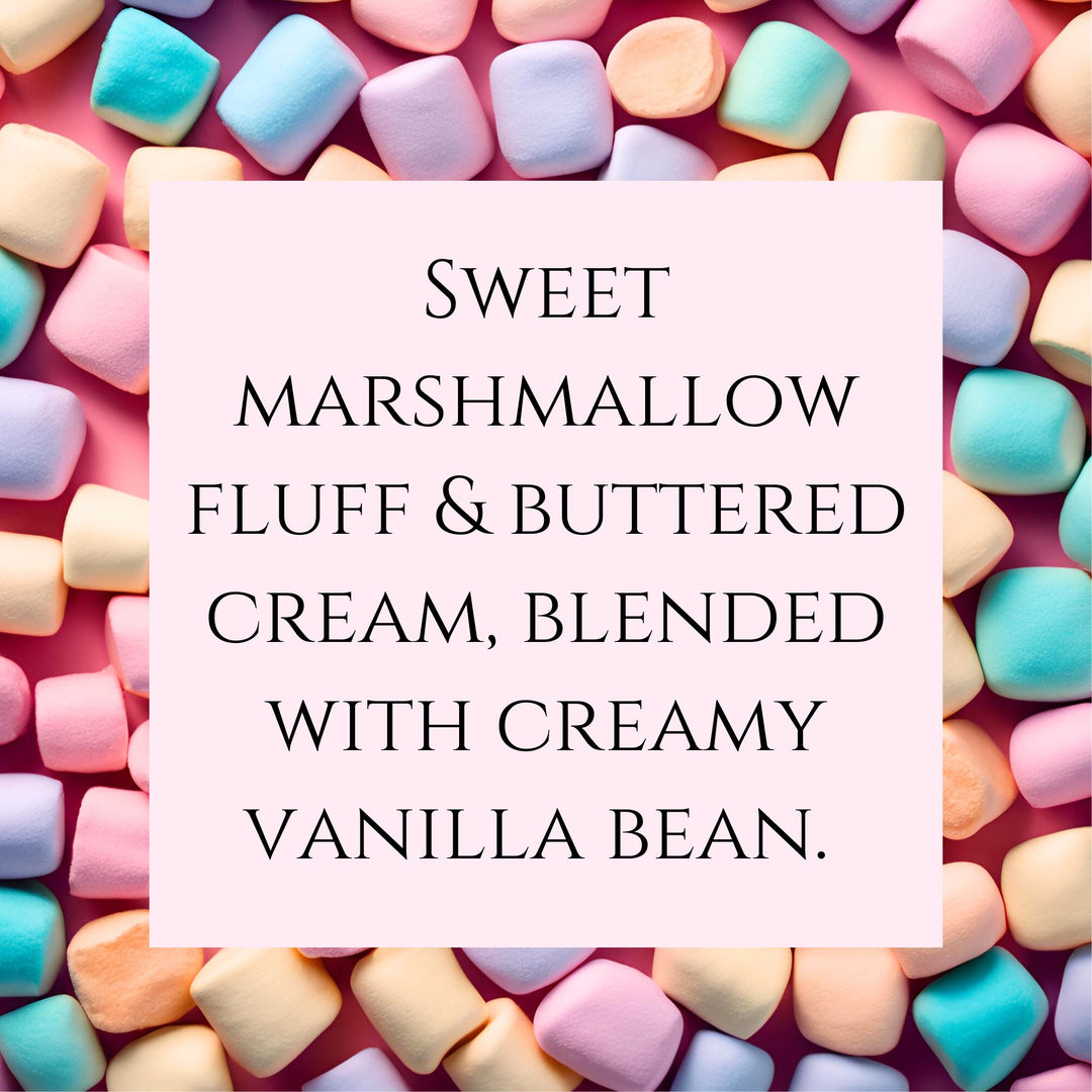 Text fragrance Description for Sugared Marshmallow. Sweet marshmallow fluff and buttered cream, blended with creamy vanilla bean.