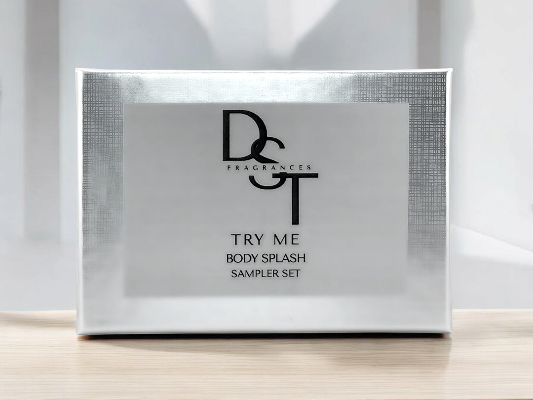 Silver colored gift box showing how the Try Me Body Splash Set is packaged. 