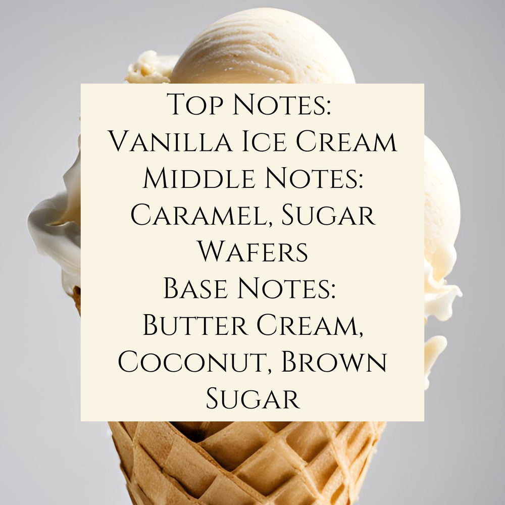 Text fragrance description for vanilla sugar cone. Top Notes vanilla ice cream. Middle notes: caramel, sugar wafers. Base notes: butter cream, coconut, Brown sugar.