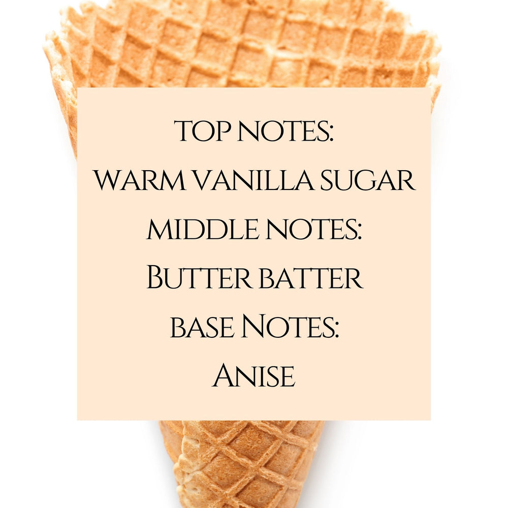 text fragrance description for Waffle Cone. Top notes: warm vanilla sugar. Middle Notes: Butter Batter. Base Notes: Anise.