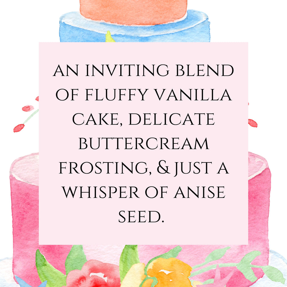 text fragrance Description for Wedding Cake.  An inviting blend of fluffy vanilla cake, delicate buttercream frosting, & just a whisper of anise seed. 