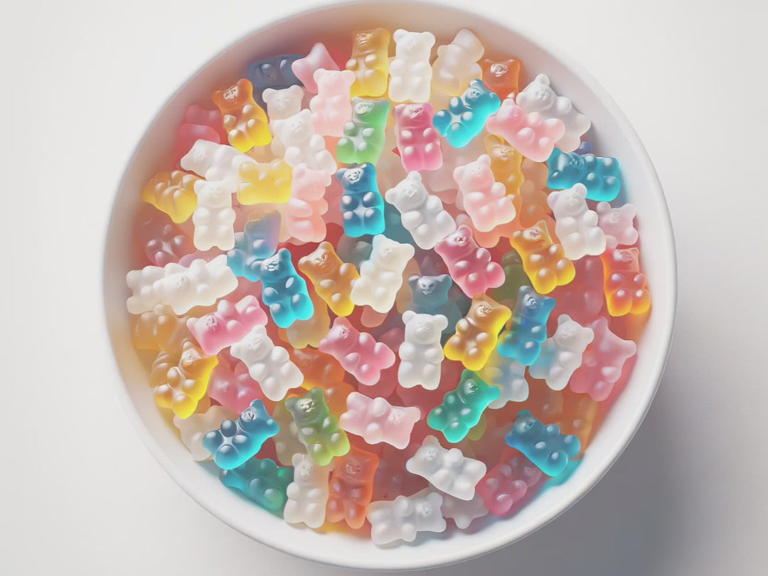 Muted Video showing text fragrance description for Gummy Bears. Top Notes:  Strawberry, Orange.  Middle Notes:  Lemon. Base Notes:  Sugared Gelatin.
