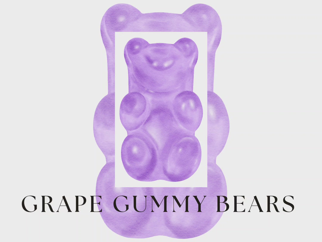 muted video showing text fragrance description for Grape Gummy Bears. Top notes: Grape pop, sour green apple, coconut water. Middle notes: strawberry, watermelon, Lemon. base notes: peach, gummy candy.